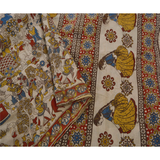 Sanskriti Vintage Cream Heavy Saree 100% Pure Cotton Patachitra Printed Sari