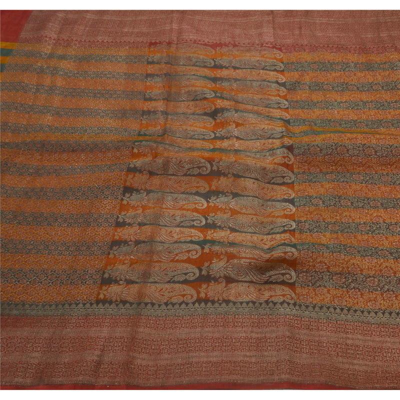 Sanskriti Vintage Saree Satin Silk Brocade Heavy Sarees Woven Brown Fabric Zari Hand Woven Wedding Partywear, Home Decor 5+Yd Craft Fabric