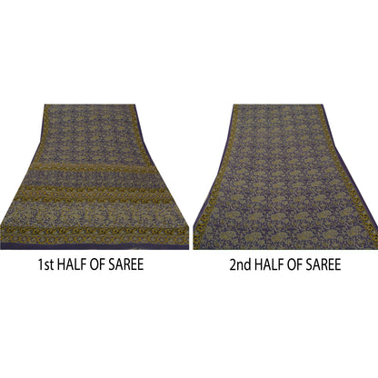 Sanskriti Vintage Heavy Saree 100% Pure Cotton Printed Work Blue Premium Sari