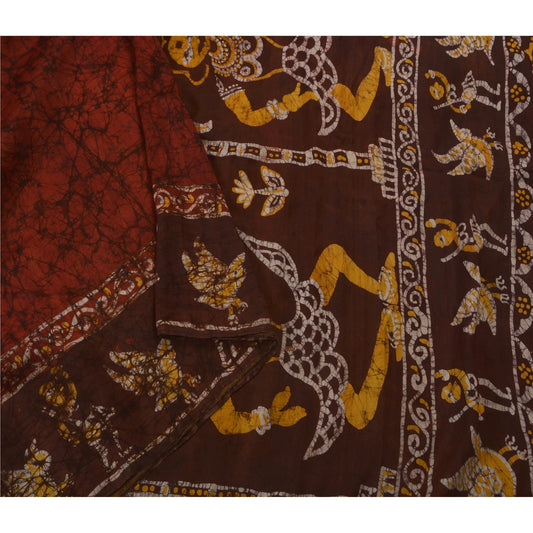 Sanskriti Vintage Heavy Saree 100% Pure Silk Batik Work Brown Craft Sari