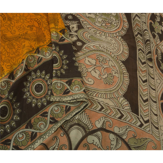 Sanskriti Vintage Heavy Saree Pure Cotton Kalamkari Printed Yellow Premium Sari