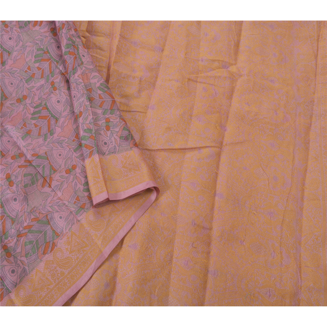 Sanskriti Vintage Pink Heavy Saree Pure Silk Printed Woven Fabric Craft Sari