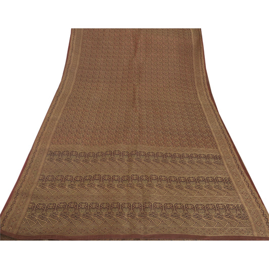 Sanskriti Vintage Brown Heavy Saree Satin 5 Yd Sustainable Fabric Woven Craft Cultural Sari