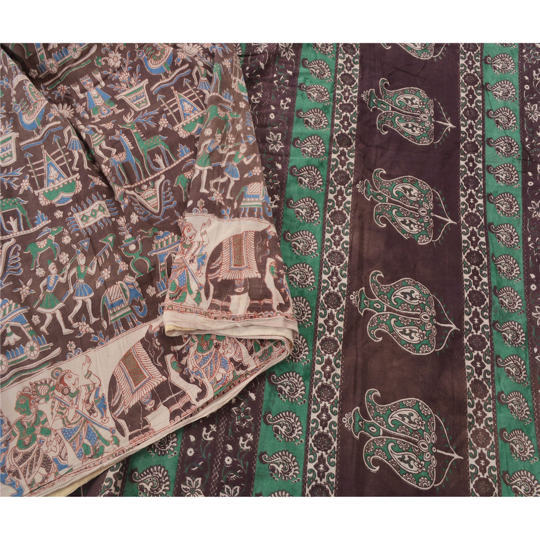 Sanskriti Vintage Brown Heavy Saree Cotton 5Yd Fabric Block Print Kalamkari Sari