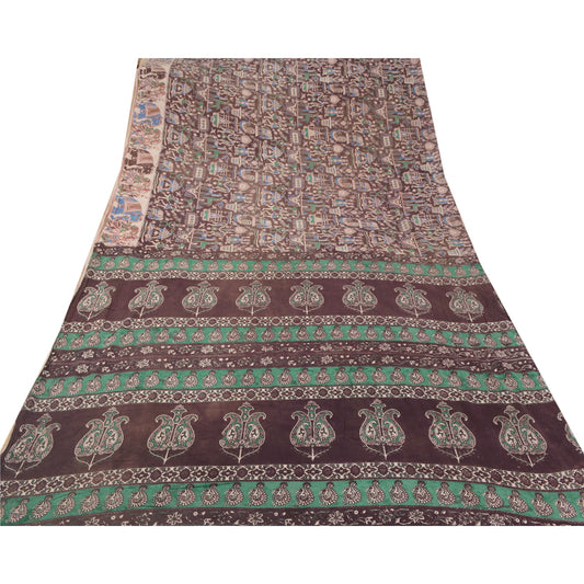 Sanskriti Vintage Brown Heavy Saree Cotton 5Yd Sustainable Fabric Block Print Kalamkari Sari