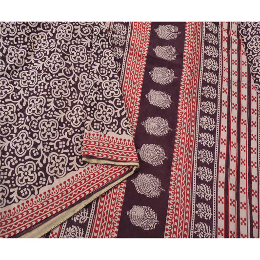 Sanskriti Vintage Brown Heavy Saree Pure Cotton 5 Yd Sustainable Fabric Hand Block Print Sari