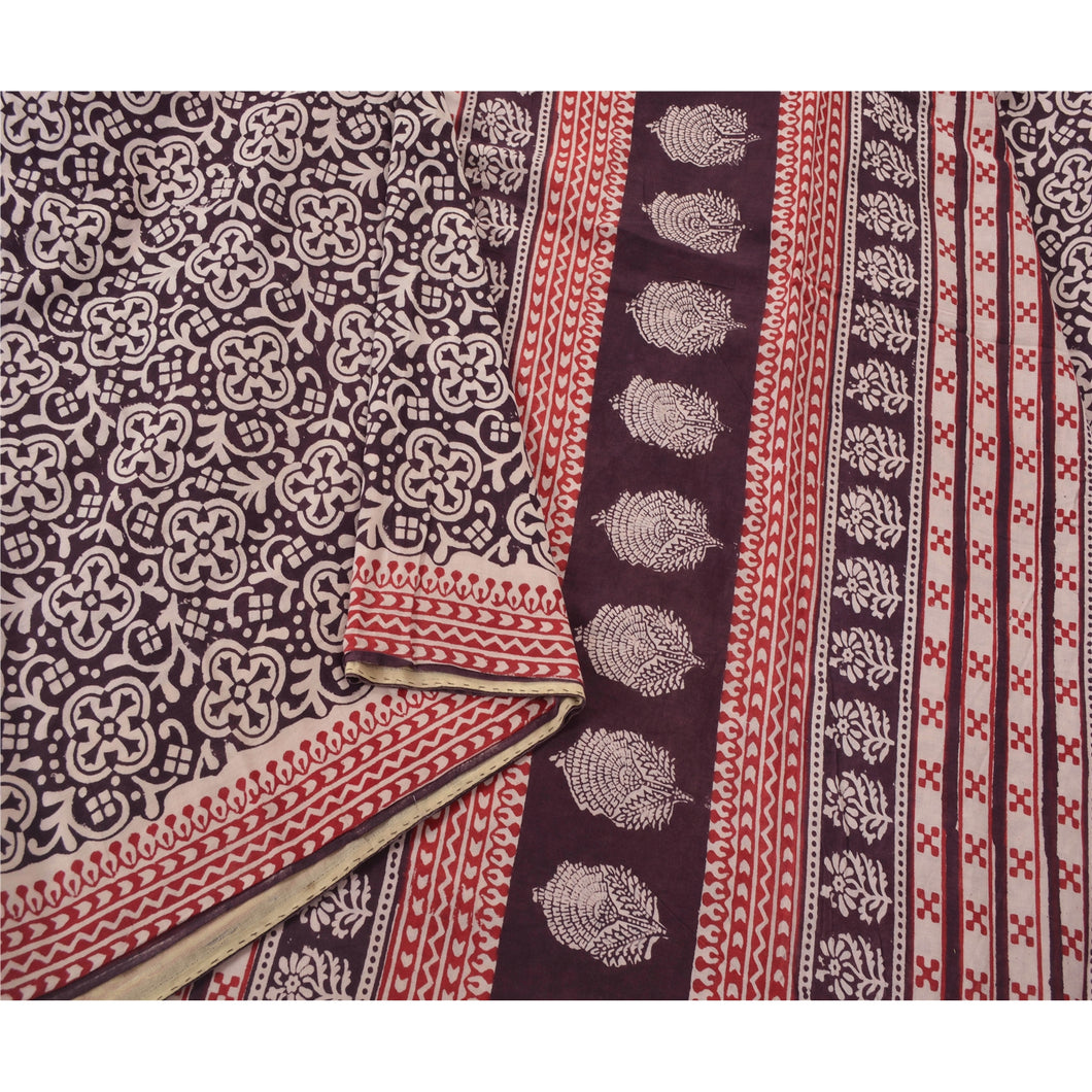 Sanskriti Vintage Brown Heavy Saree Pure Cotton 5 Yd Fabric Block Print Sari