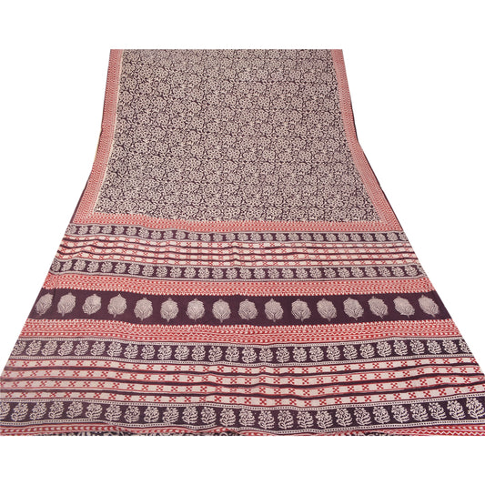 Sanskriti Vintage Brown Heavy Saree Pure Cotton 5 Yd Sustainable Fabric Hand Block Print Sari