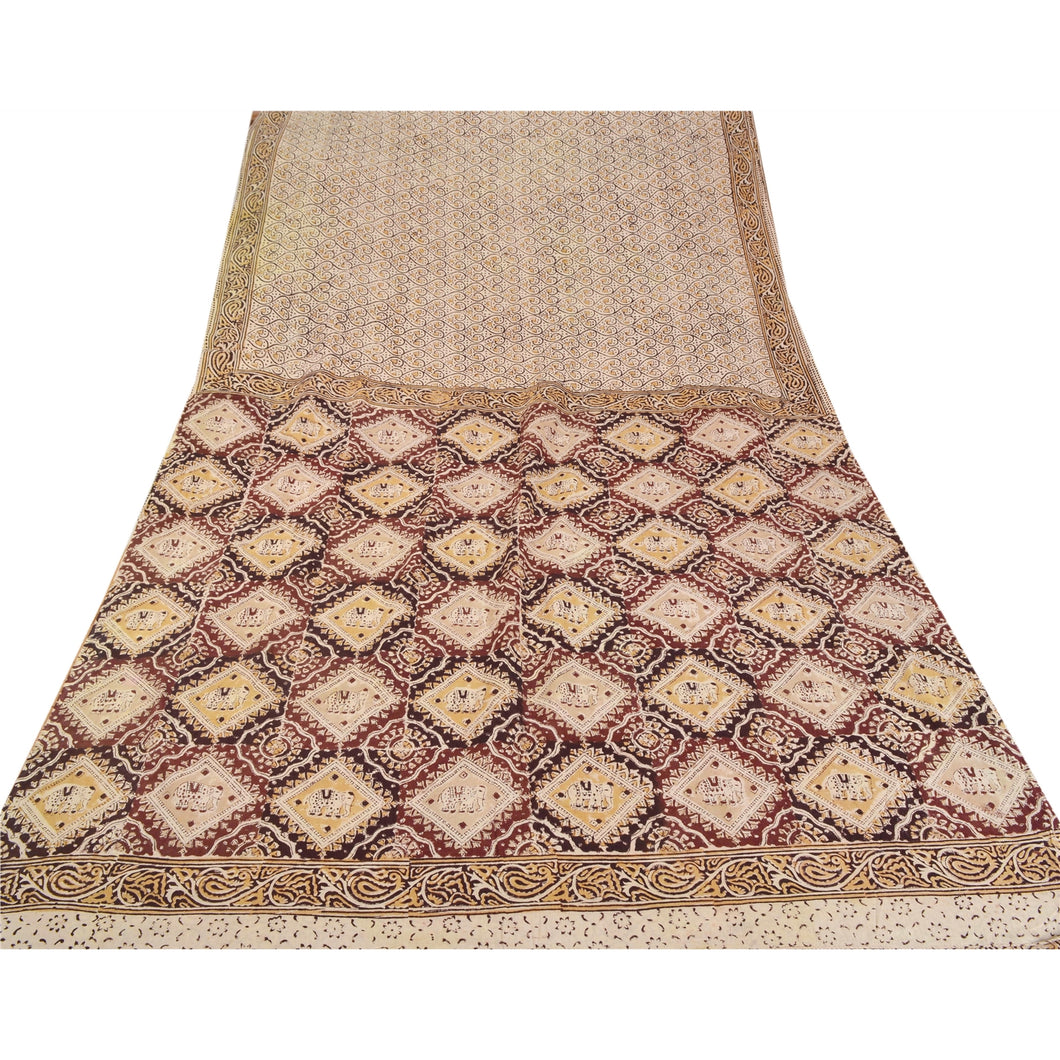 Sanskriti Vintage Heavy Sarees Pure Cotton 5YD Fabric Block Print Kalamkari Sari