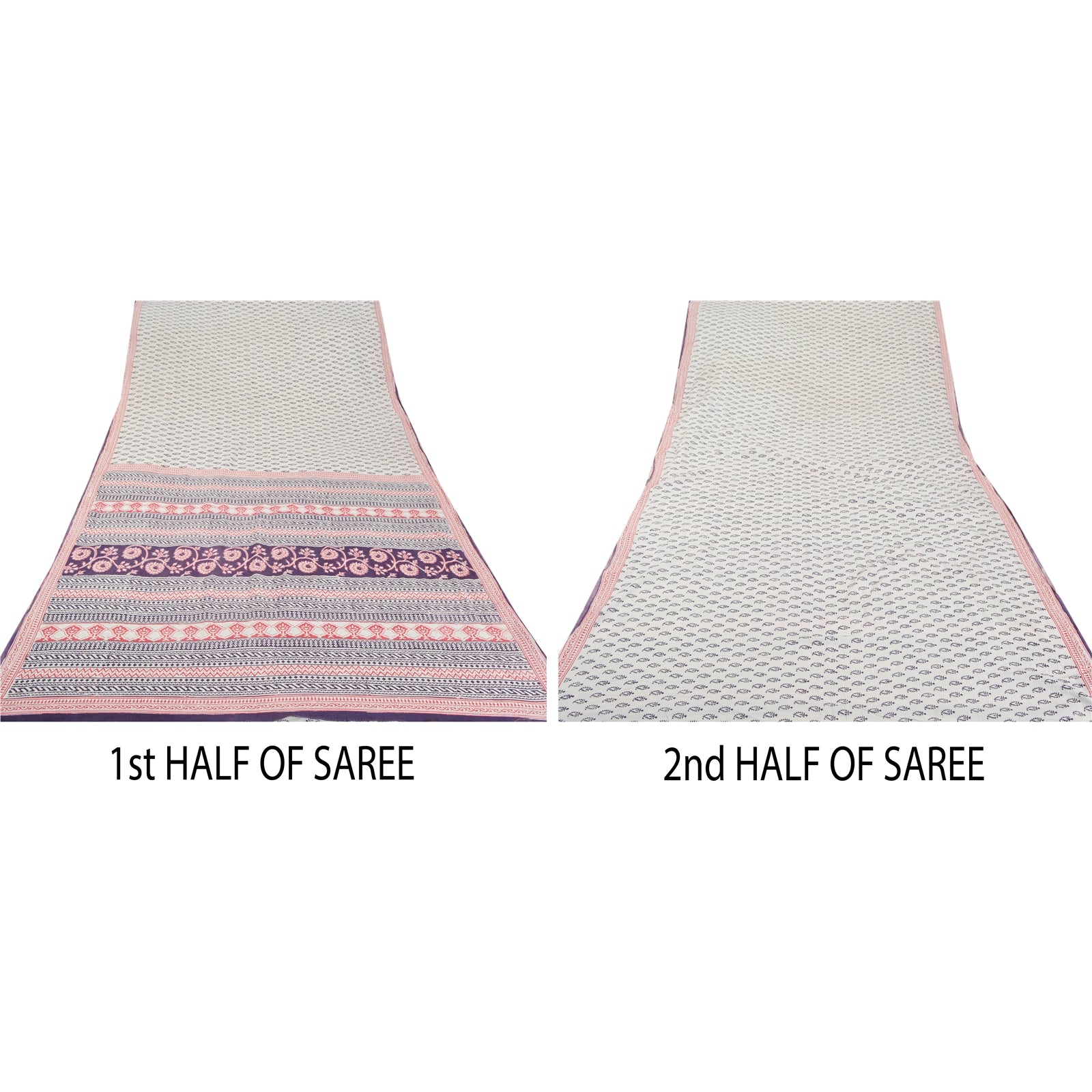 Sanskriti Vintage Saree 100% Pure Cotton Soft White Heavy Sarees Fabric Hand Block Print 5+YD For Crafters, Upcyclers, Indian Eco-Friendly