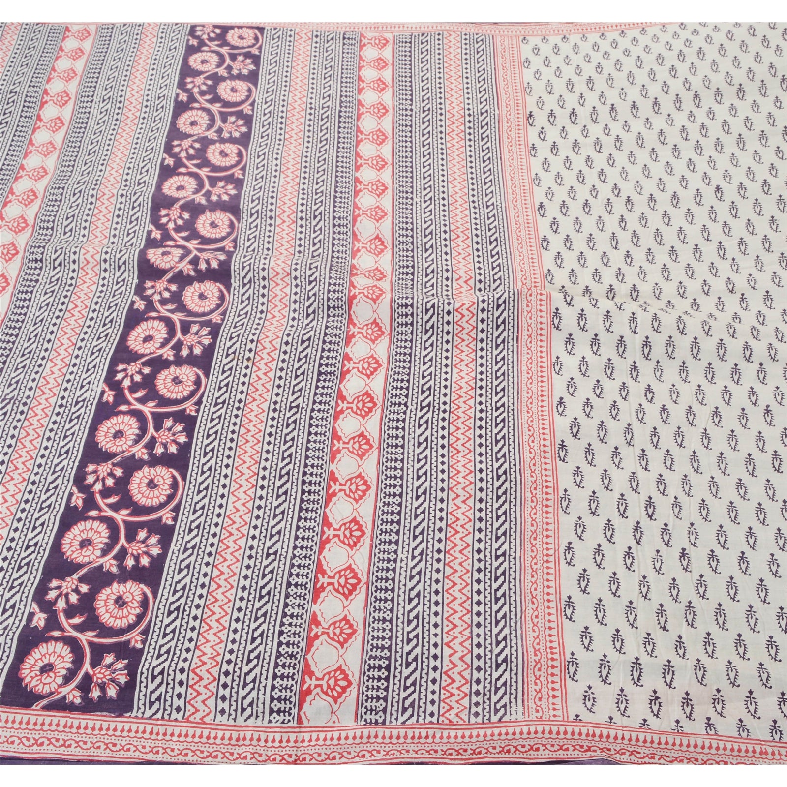 Sanskriti Vintage Saree 100% Pure Cotton Soft White Heavy Sarees Fabric Hand Block Print 5+YD For Crafters, Upcyclers, Indian Eco-Friendly