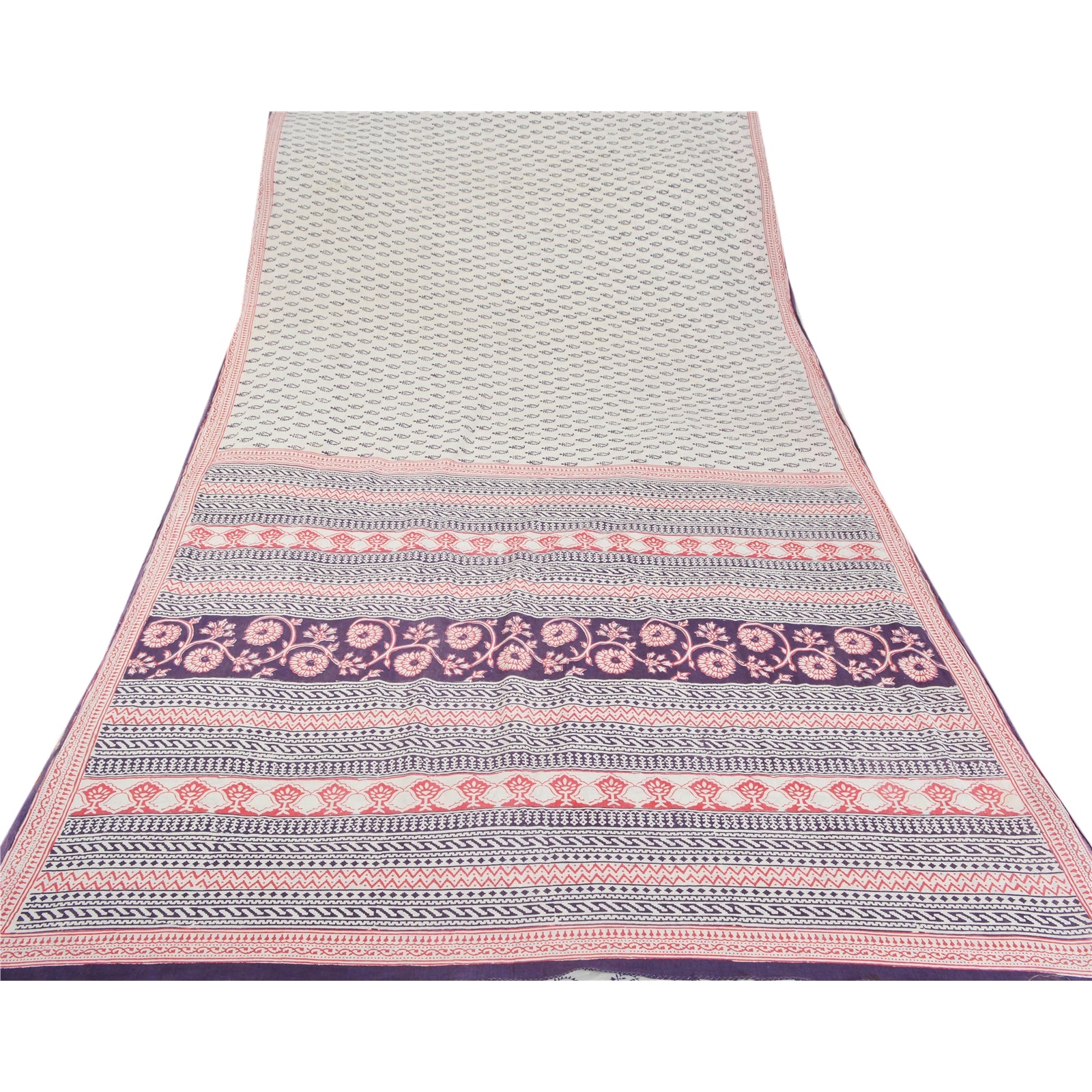 Sanskriti Vintage Saree 100% Pure Cotton Soft White Heavy Sarees Fabric Hand Block Print 5+YD For Crafters, Upcyclers, Indian Eco-Friendly