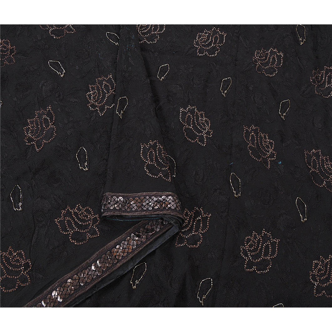 Sanskriti Vintage Black Heavy Saree Pure Georgette Silk Hand Beaded Craft Fabric