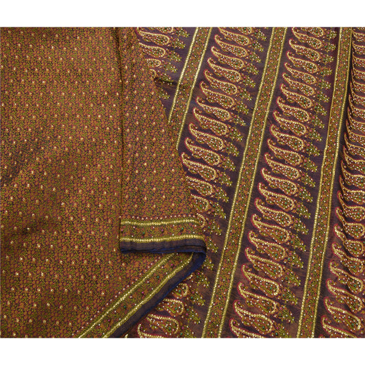 Sanskriti Vintage Purple Heavy Saree Pure Satin Silk Hand Bead Woven Sustainable Fabric Sari