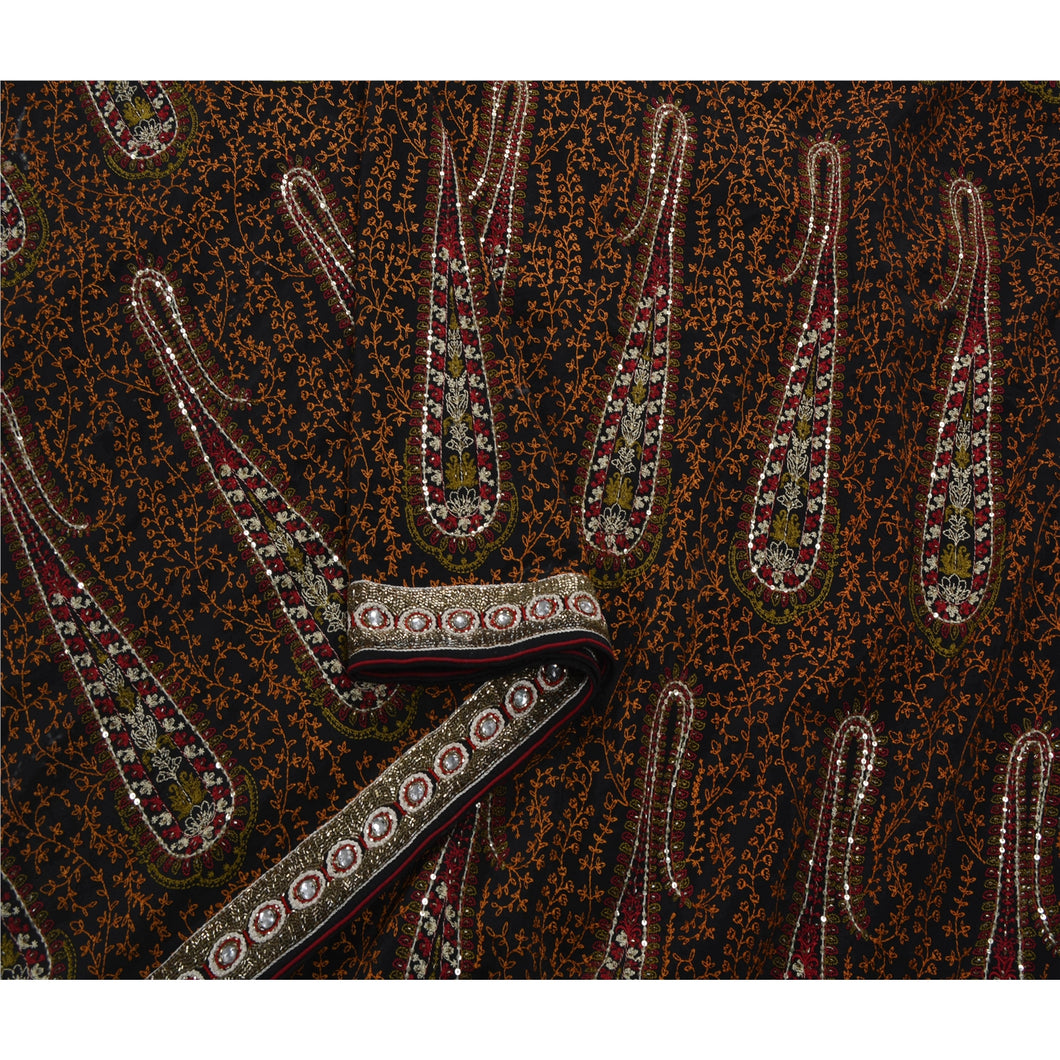 Sanskriti Vintage Black Heavy Saree Pure Crepe Silk Hand Bead Fabric Ethnic Sari