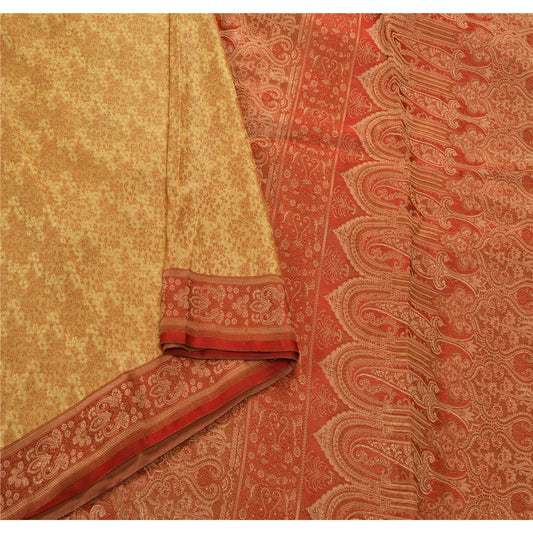 Sanskriti Vintage Cream Heavy Saree Satin Woven Craft 5 Yd Sustainable Fabric Cultural Sari