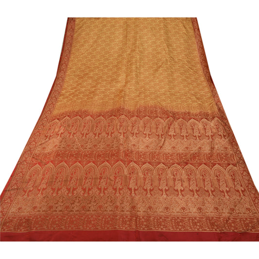 Sanskriti Vintage Cream Heavy Saree Satin Woven Craft 5 Yd Sustainable Fabric Cultural Sari