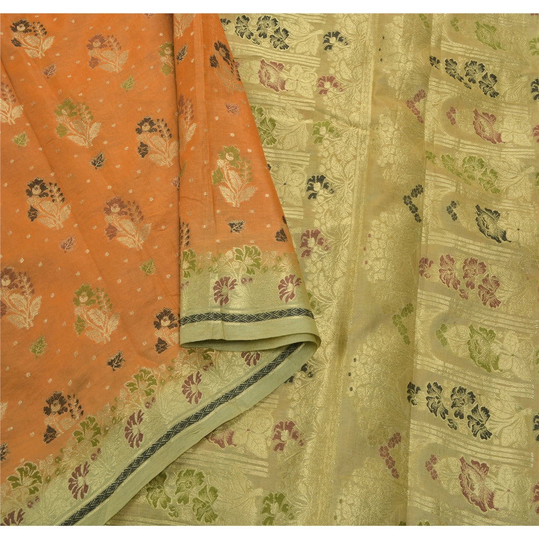 Orange Heavy Saree Pure Silk Woven Craft 5 Yd Soft Fabric Sari