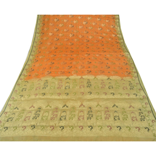 Sanskriti Vintage Orange Heavy Saree Pure Silk Woven Craft 5 Yd Soft Sustainable Fabric Sari