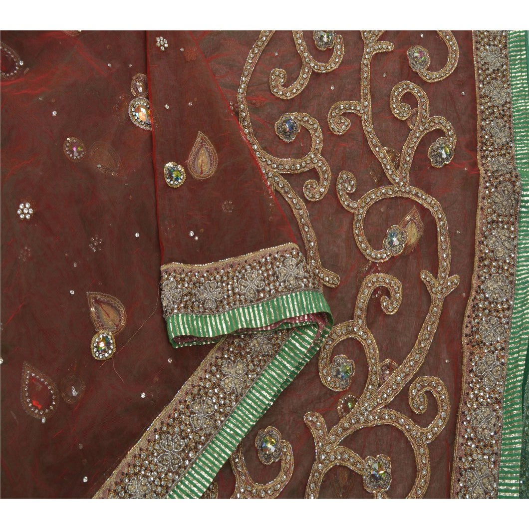 Sanskriti Vintage Green Heavy Saree Net Mesh Hand Beaded Fabric Craft 5 Yd Sari