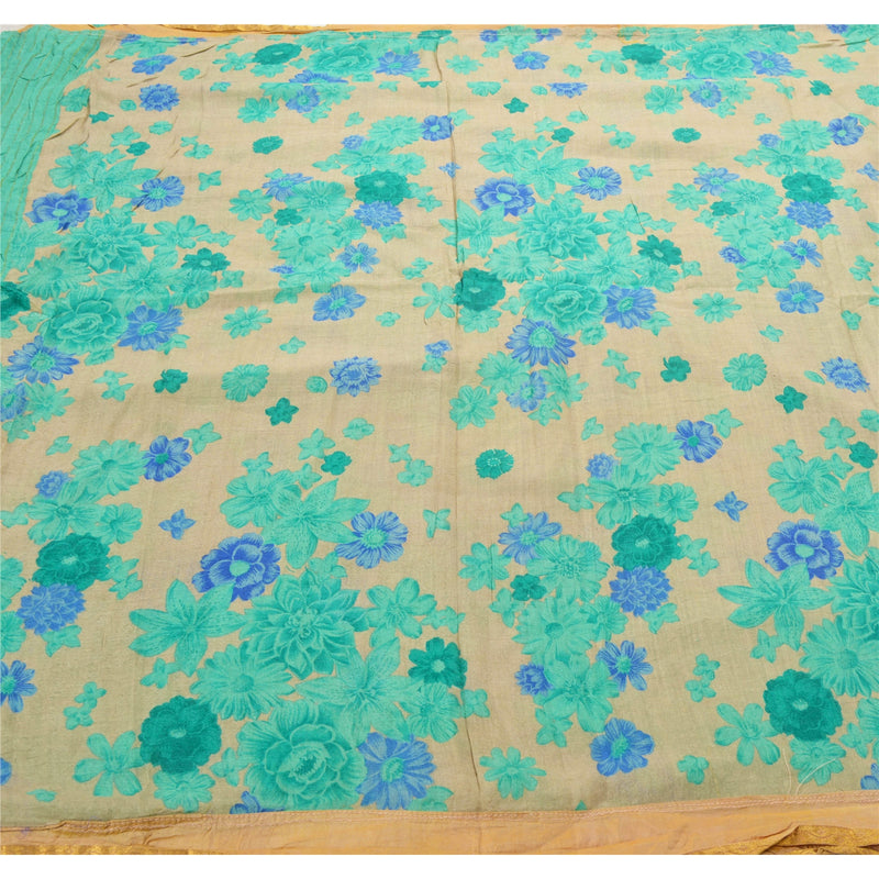 Cream & Green Pure Silk Vintage Saree | Printed Floral Zari Woven | 5.4 Yards | Craft & Dress Fabric — Sanskriti Vintage