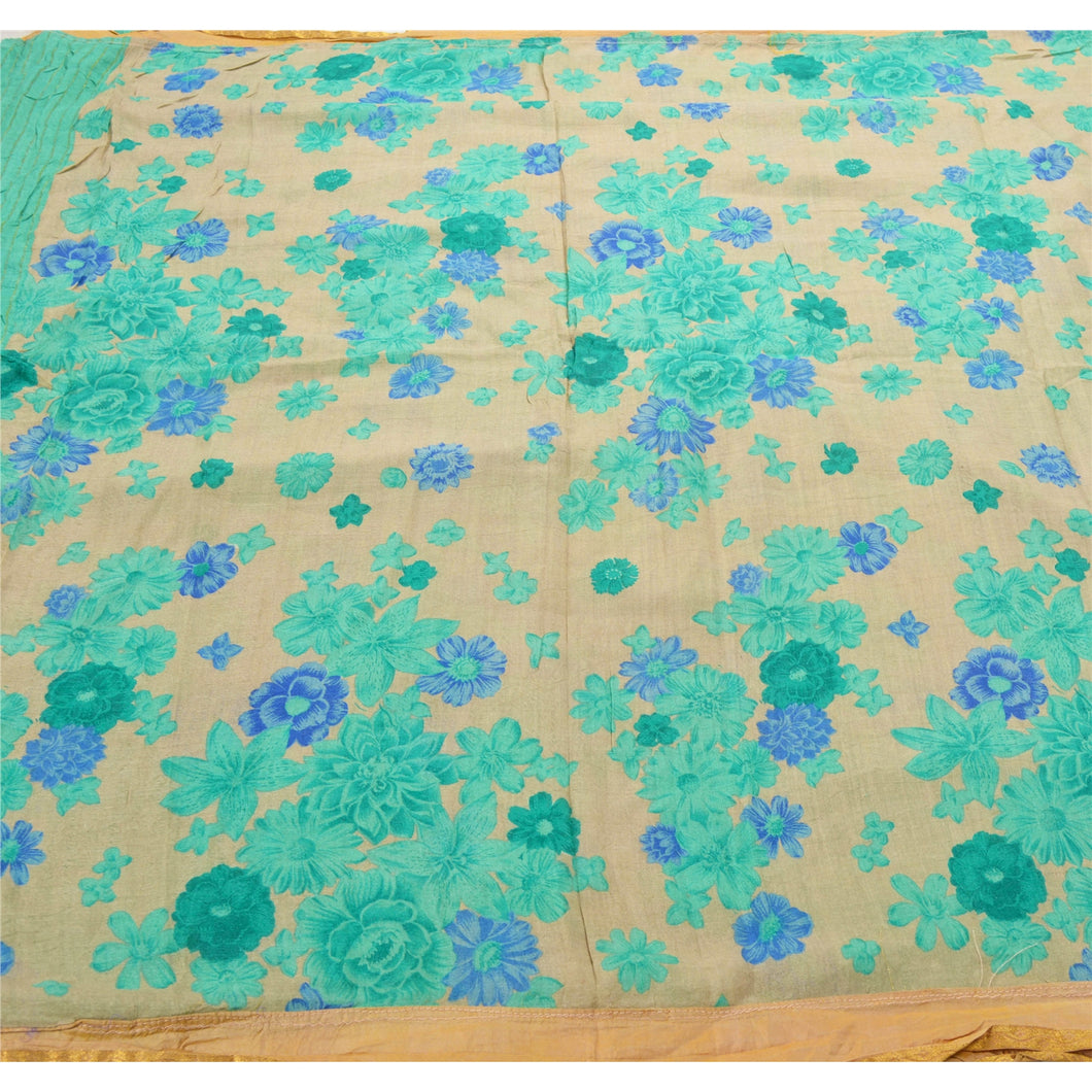 Cream Heavy Saree Printed 100% Pure Silk Fabric Floral Sari