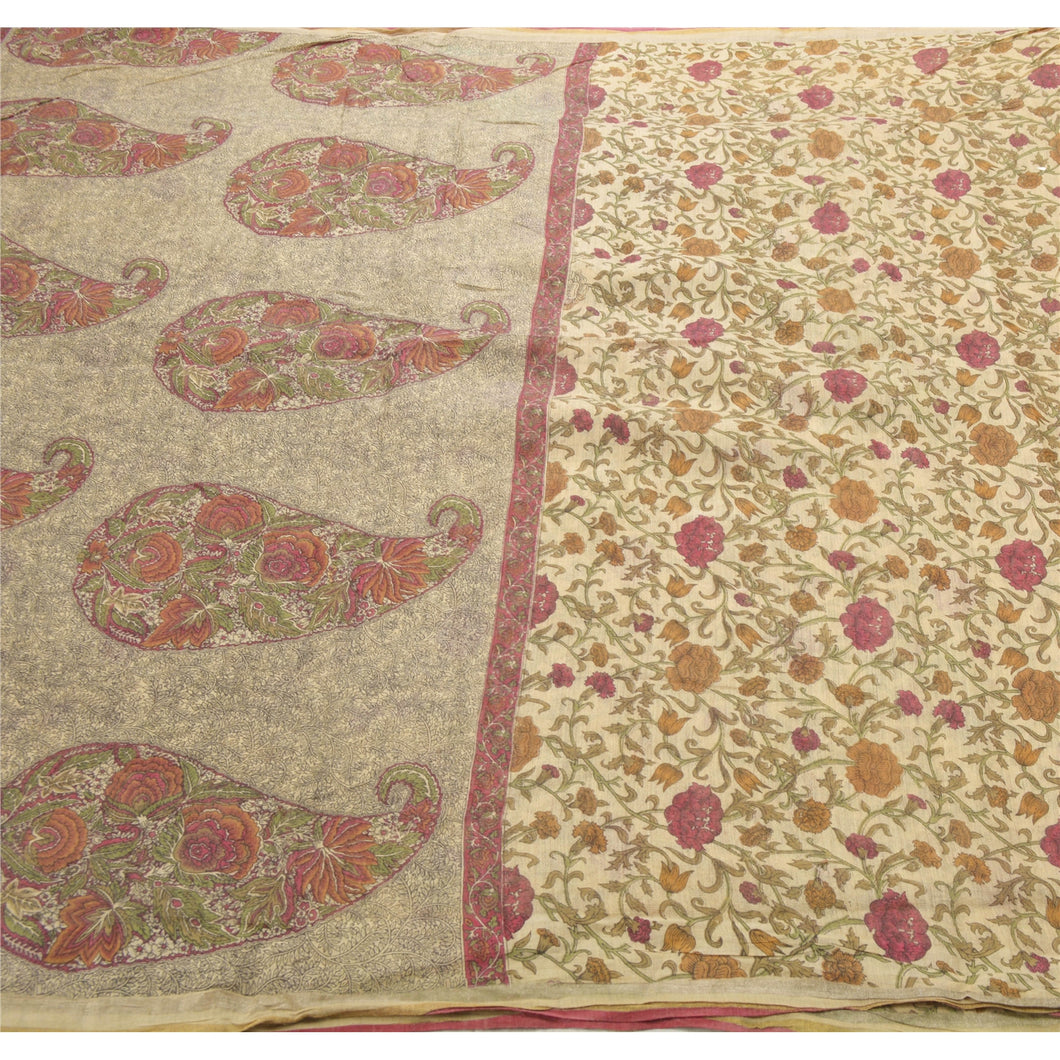 Cream Heavy Saree Printed 100% Pure Silk Fabric Woven Sari