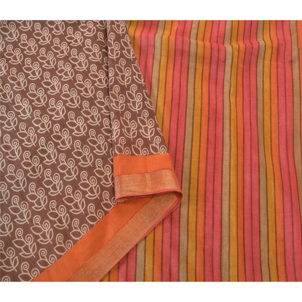 Brown Heavy Saree Printed Pure Tussar Silk Fabric Woven Sari