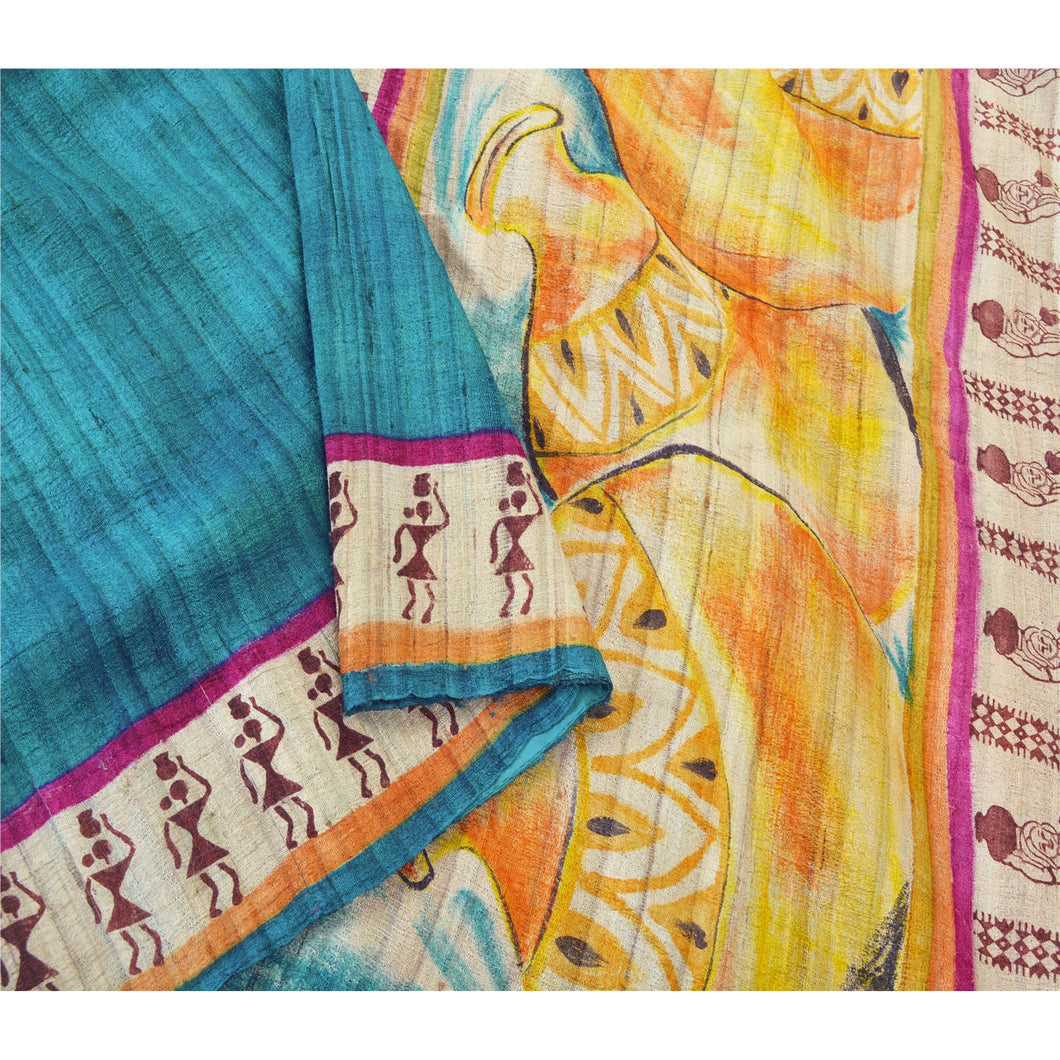 Sanskriti Vintage Teal Blue Heavy Saree Pure Handloom Block Printed Warli Fabric Woven Sari