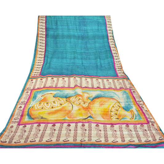 Sanskriti Vintage Teal Blue Heavy Saree Pure Handloom Block Printed Warli Sustainable Fabric Woven Sari
