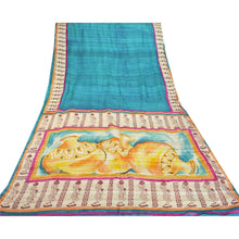 Load image into Gallery viewer, Sanskriti Vintage Teal Blue Heavy Saree Pure Handloom Block Printed Warli Fabric Woven Sari

