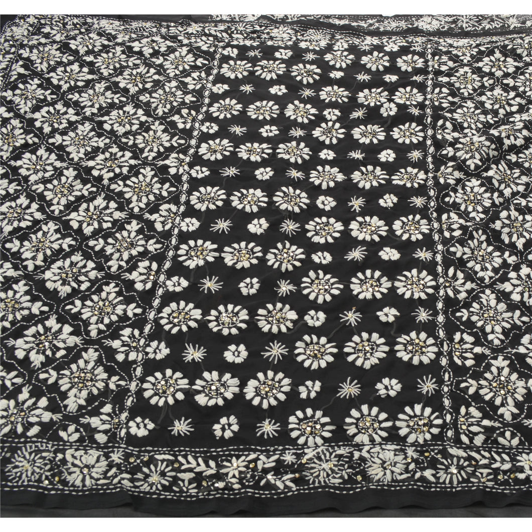 Sanskriti Vintage Black Heavy Sari Georgettte Fabric Phulkari Saree Blouse Piece