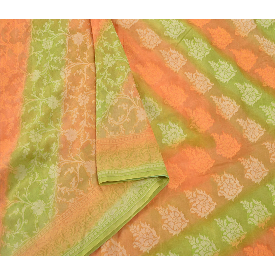 Orange Heavy Saree 100% Pure Silk Woven Sari Craft 5 Yd Fabric