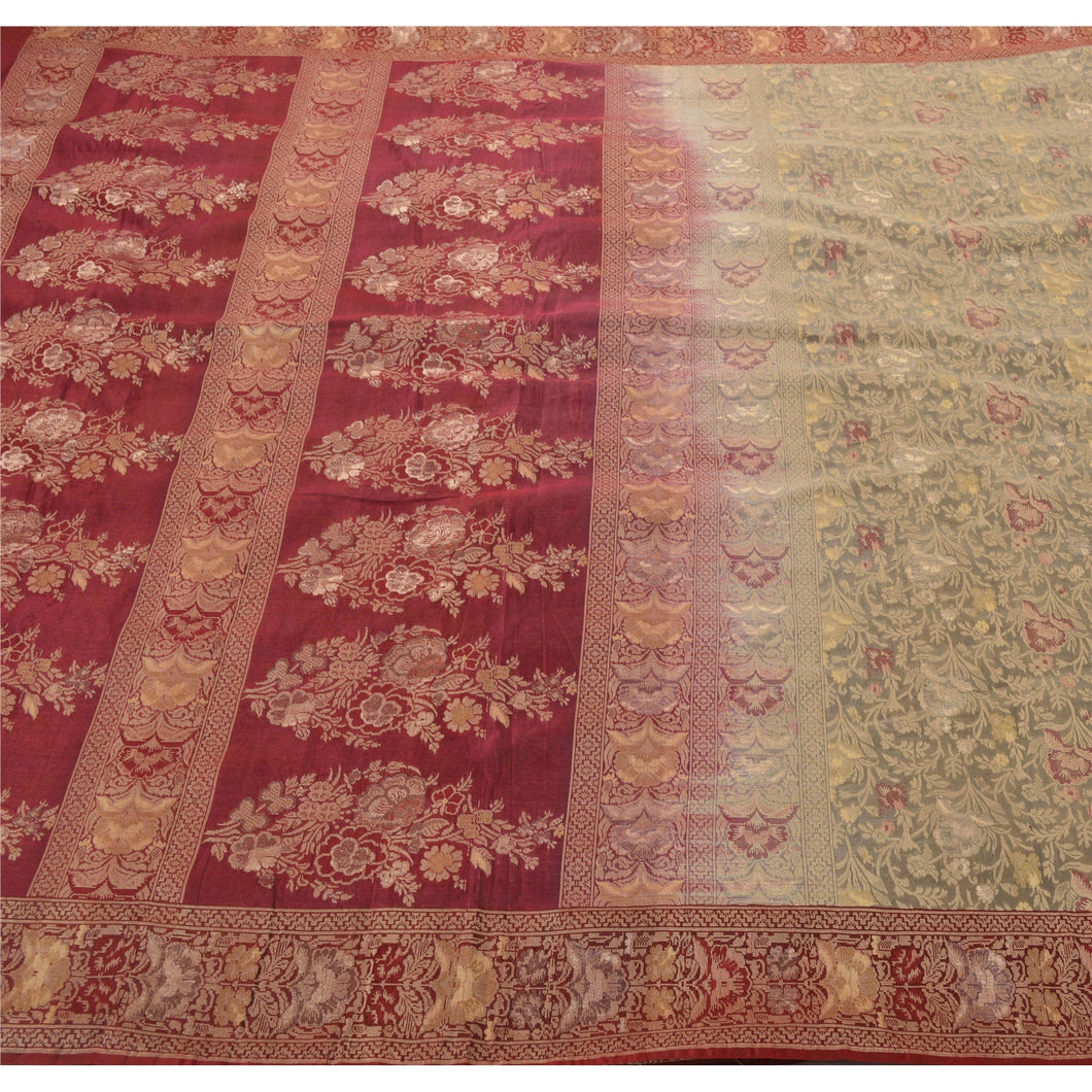 Sanskriti Vintage Ethnic Heavy Green Saree Pure Silk Woven Sari 5 YD Fabric