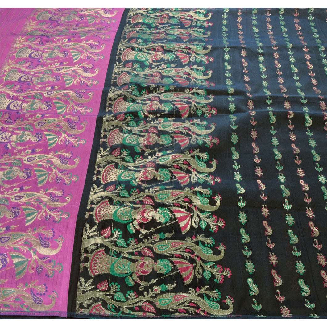 Sanskriti Vintage Heavy Black Saree Art Silk Woven Brocade/Banarasi Sari Fabric