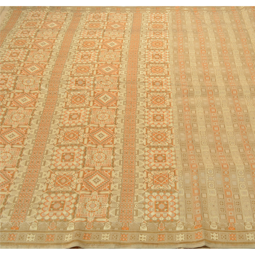 Sanskriti Vinatage Sanskriti Vintage Ethnic Heavy Cream Saree 100% Pure Silk Woven Sari Fabric
