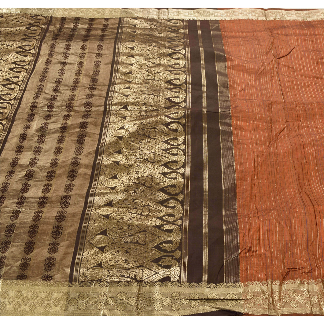 Sanskriti Vinatage Sanskriti Vintage Heavy Orange Saree Pure Silk Woven Brocade Zari Sari Fabric
