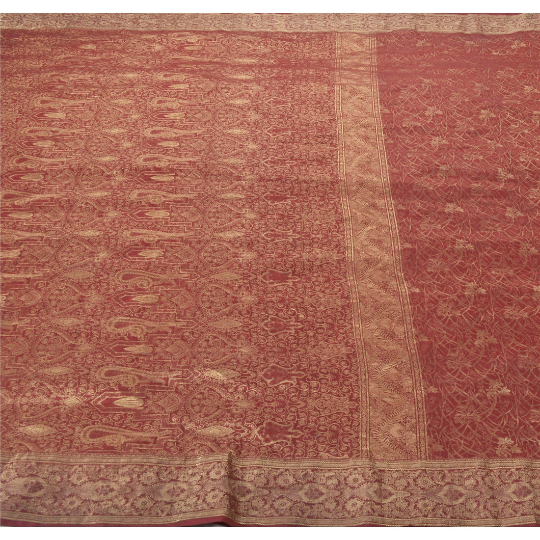 Sanskriti Vintage Heavy Red Saree 100% Pure Silk Woven Brocade Zari Sari Fabric