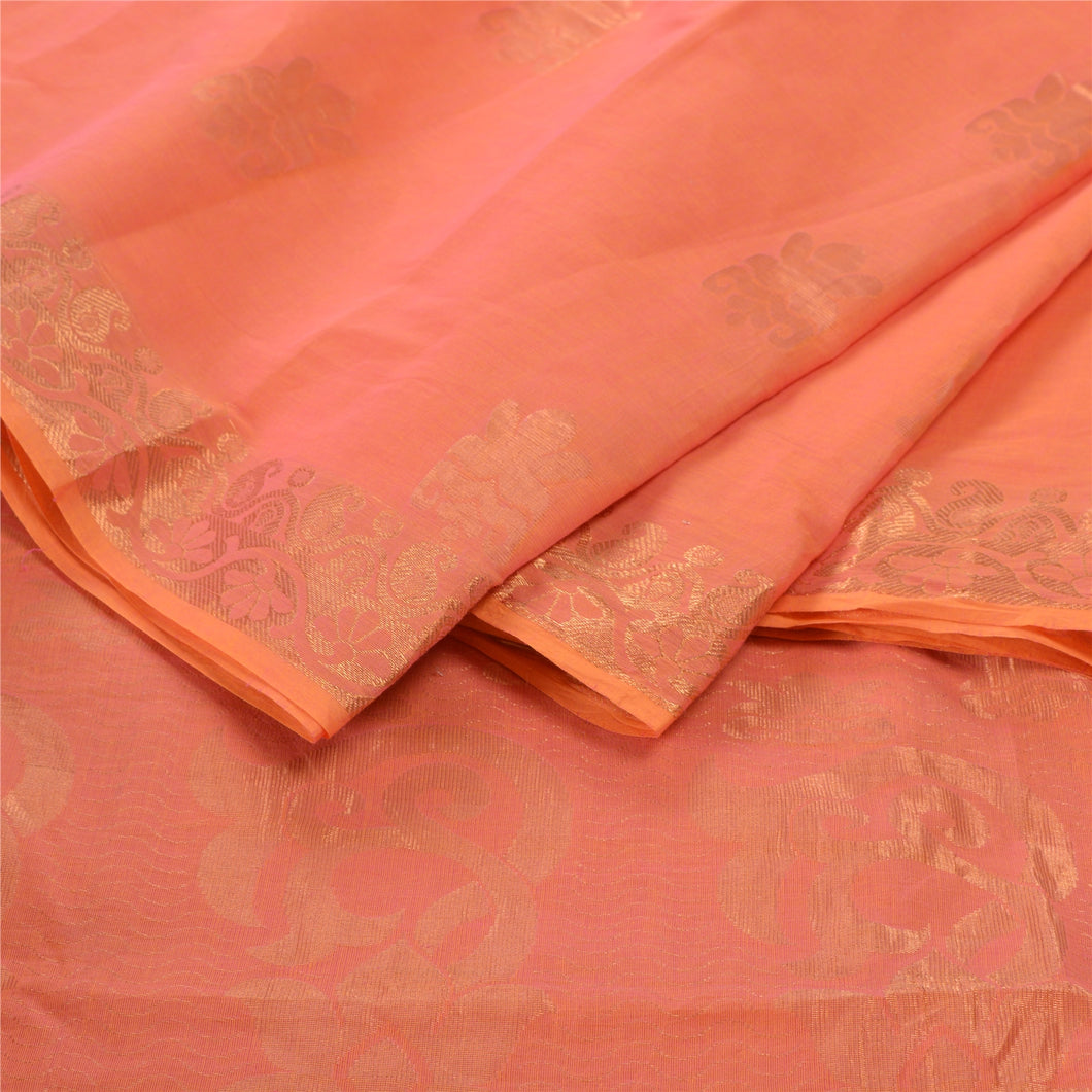 Sanskriti Vinatage Sanskriti Vintage Peach Heavy Indian Sari Blend Silk Woven Fabric Craft Sarees