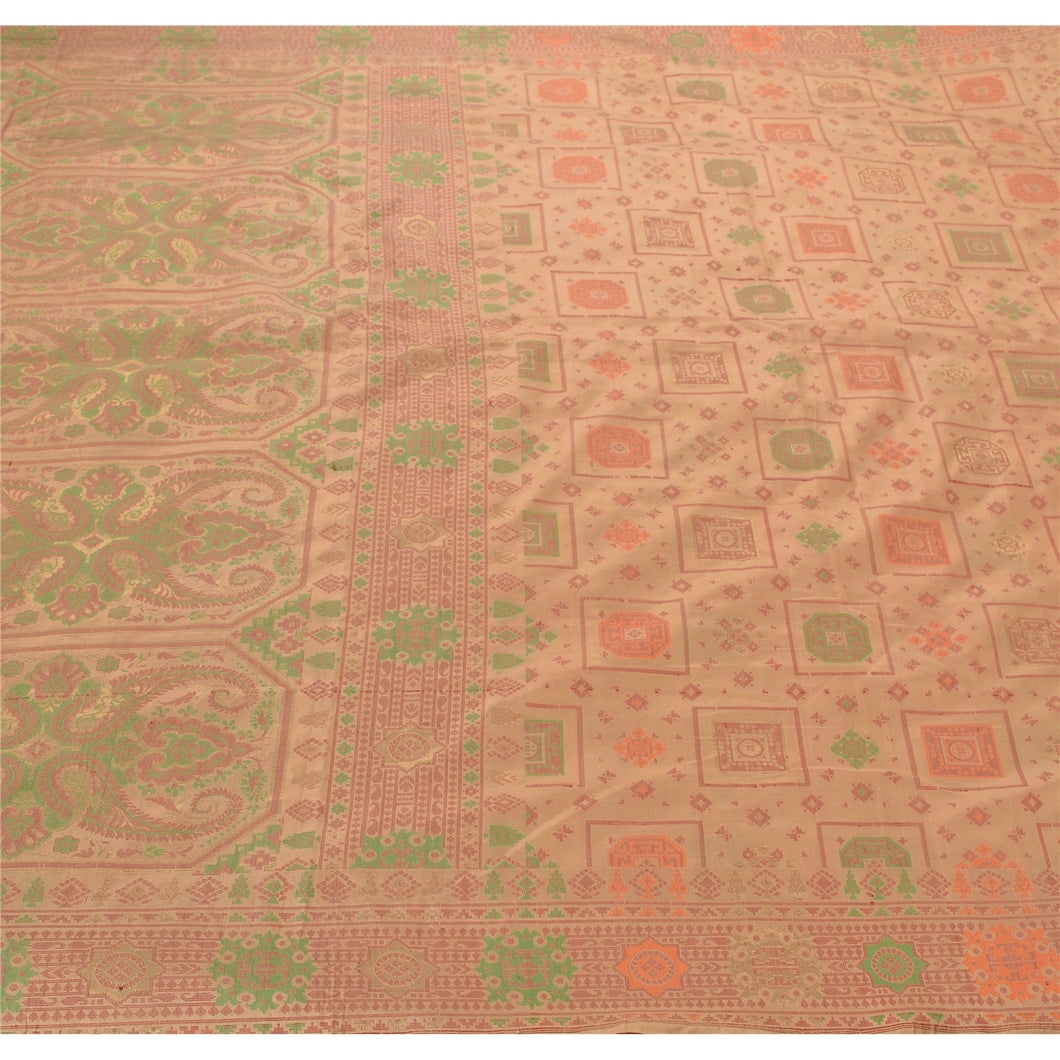 Sanskriti Vinatage Sanskriti Vintage Cream Heavy Sari 100% Pure Silk Woven Sarees 5 Yard Fabric
