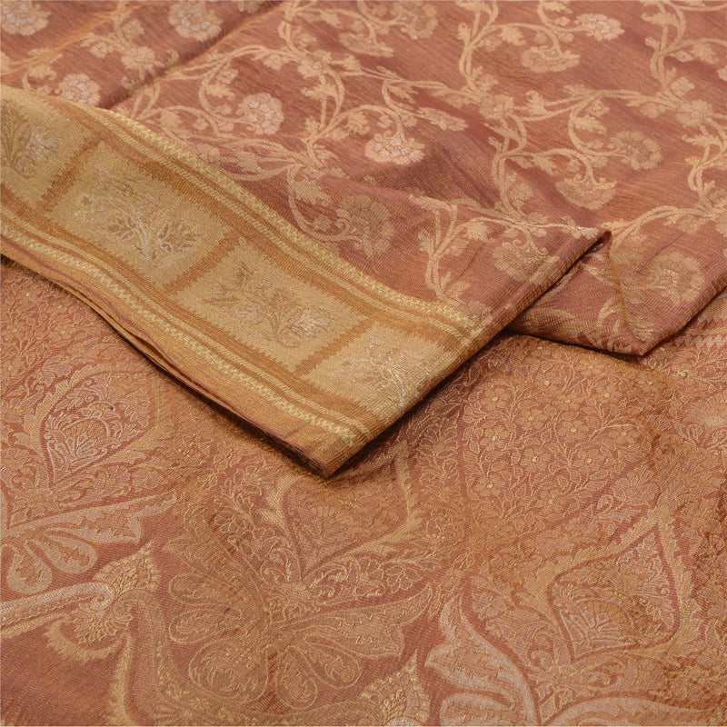 Sanskriti Vintage Brown Saree 100% Pure Silk Woven Sari 5.5+Yard Fabric Uses-Table linen, Cushions, Curtains, Dressing Home Decor, Sewing,