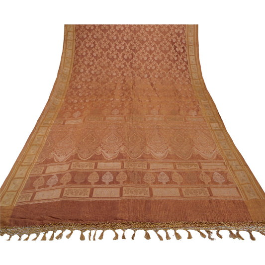 Sanskriti Vintage Heavy Indian Sarees 100% Pure Silk Brown Woven Sari Sustainable Fabric
