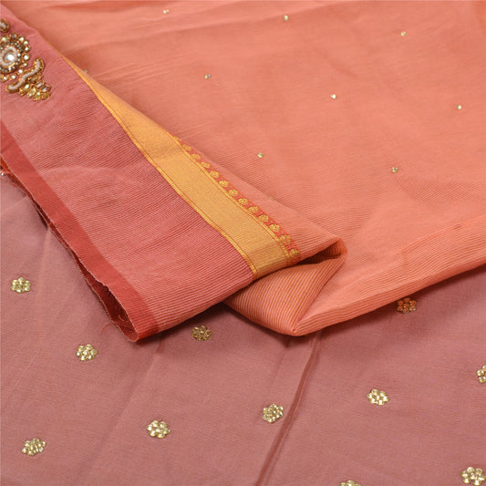 Sanskriti Vintage Peach Heavy Sarees Pure Silk Hand Beaded Woven Sari Sustainable Fabric