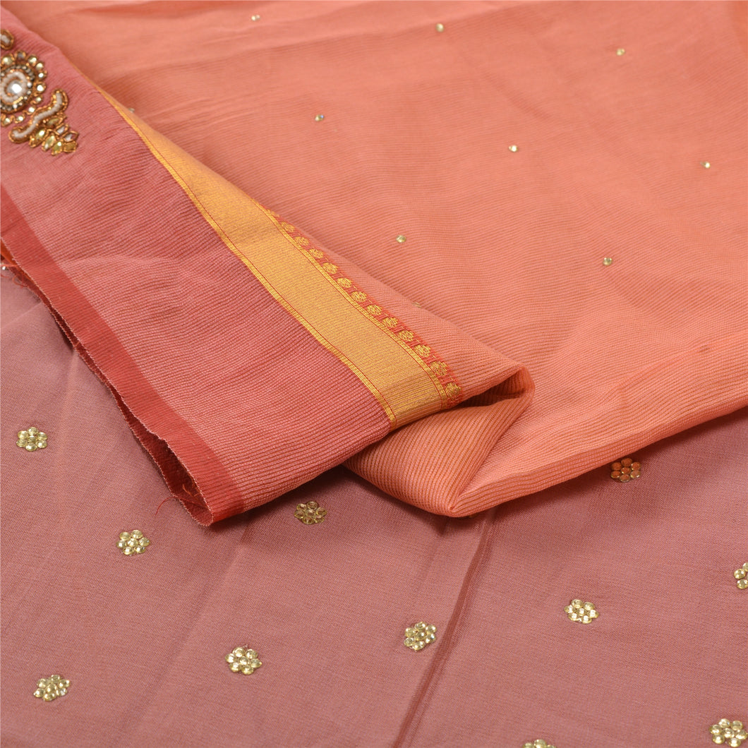 Sanskriti Vinatage Sanskriti Vintage Peach Heavy Sarees Pure Silk Hand Beaded Woven Sari Fabric