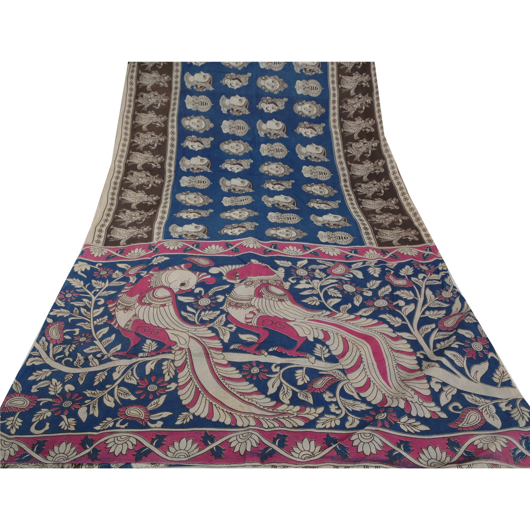 Sanskriti Vintage Heavy Pattachitra Sarees Blue Pure Cotton Printed Sari Fabric