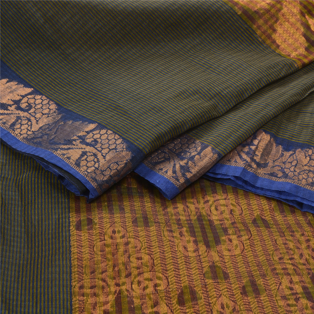 Sanskriti Vintage Heavy Indian Sari Art Silk Blue Woven Sarees 5 Yard Fabric