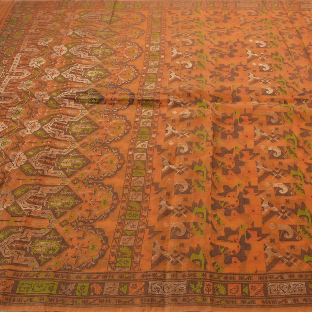 Sanskriti Vintage Heavy Indian Sari Saffron 100% Pure Silk Woven Sarees Fabric