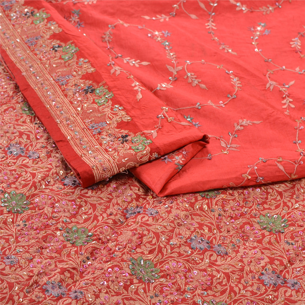Sanskriti Vintage Red Heavy Sari 100% Pure Silk Hand Beaded Woven Sarees Fabric
