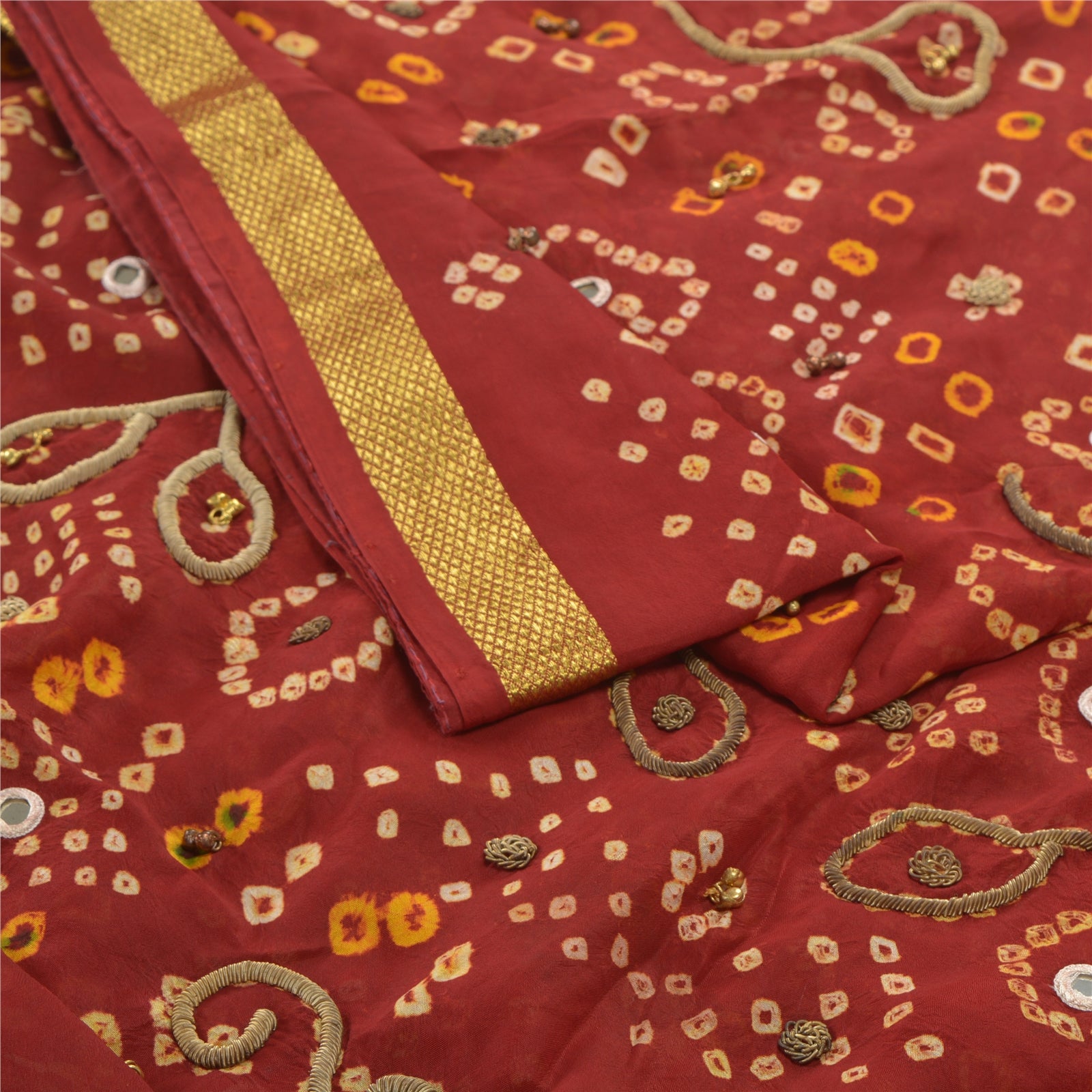 Sanskriti Vintage Saree Dark Red Blend Georgette Wedding Bandhani Zardozi Sarees Hand Beaded Saree 5yd Craft Fabric mirror work