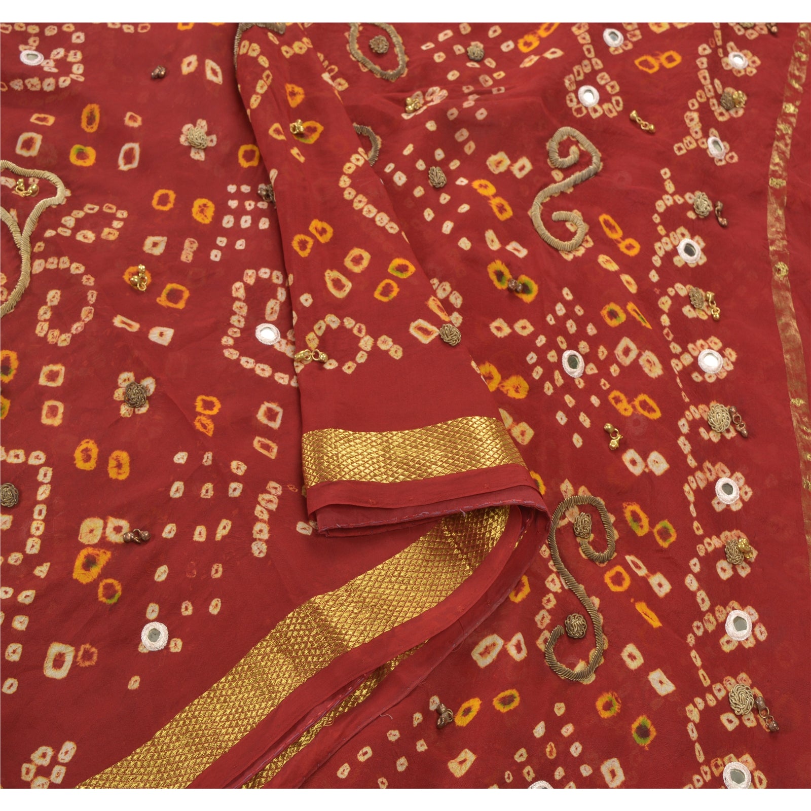 Sanskriti Vintage Saree Dark Red Blend Georgette Wedding Bandhani Zardozi Sarees Hand Beaded Saree 5yd Craft Fabric mirror work